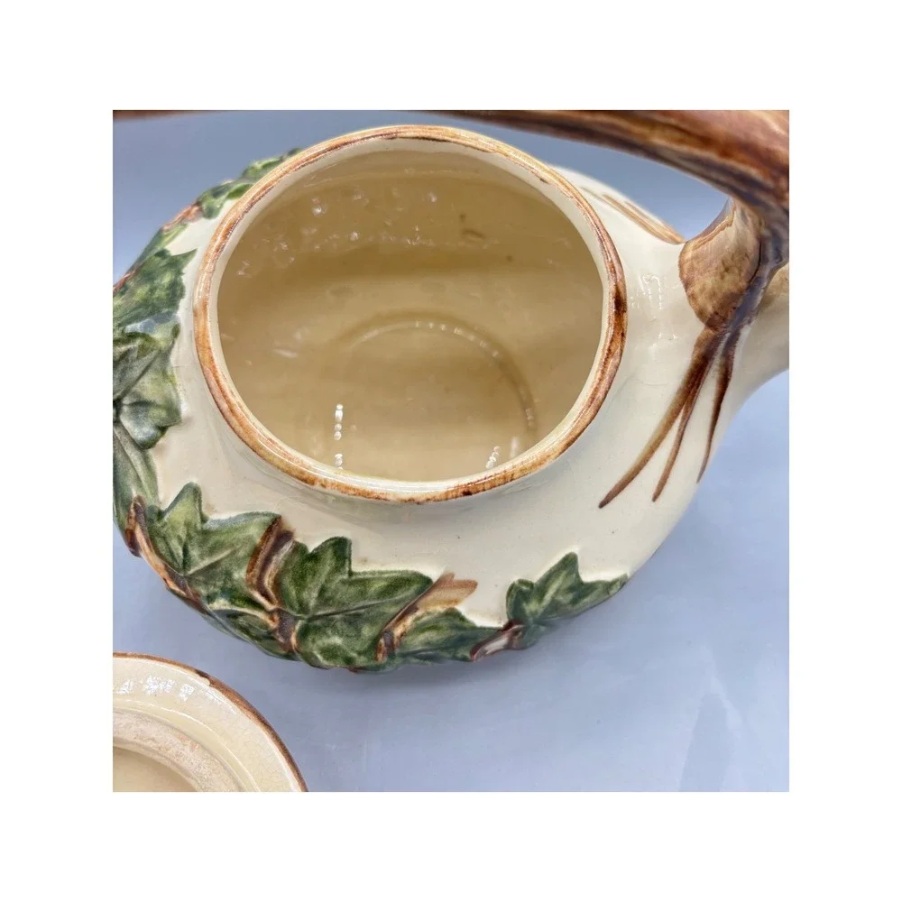 Vtg McCoy Pottery Woodland‎ Teapot Ivy Green Brown Cream Ceramic Art